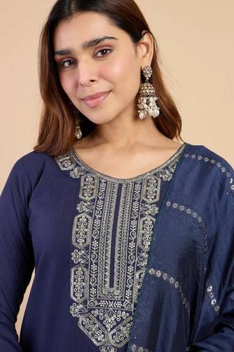 Dark-blue silk blend printed kurta set