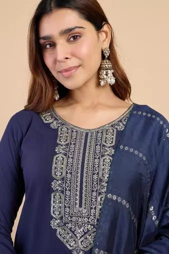 Dark-blue silk blend printed kurta set