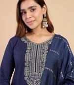 Dark-blue silk blend printed kurta set