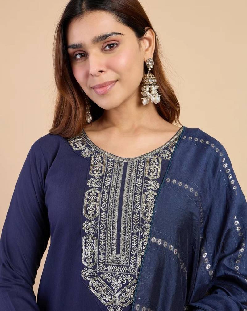 Dark-blue silk blend printed kurta set