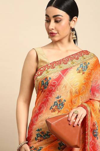 olive bandhani gotta patti pure chiffon saree