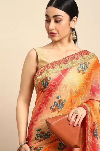 olive bandhani gotta patti pure chiffon saree