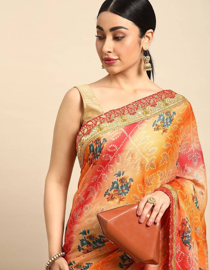 olive bandhani gotta patti pure chiffon saree