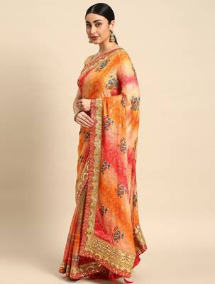 olive bandhani gotta patti pure chiffon saree 2