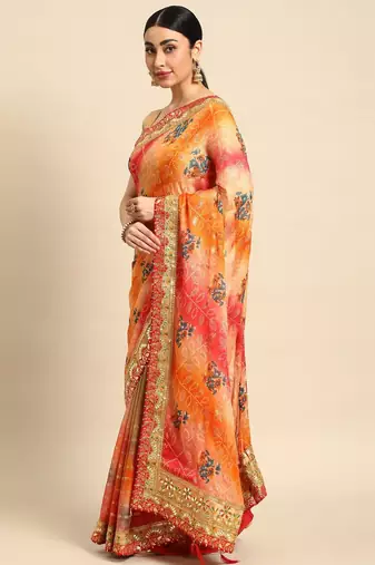 olive bandhani gotta patti pure chiffon saree