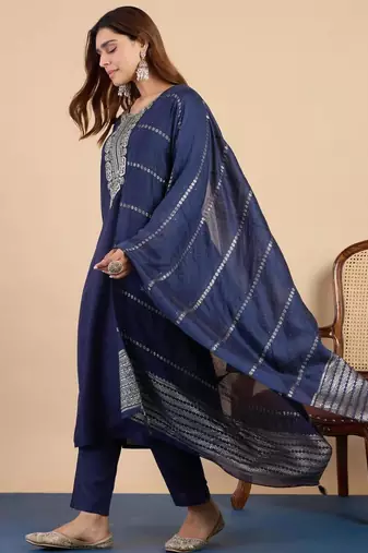 Dark-blue silk blend printed kurta set