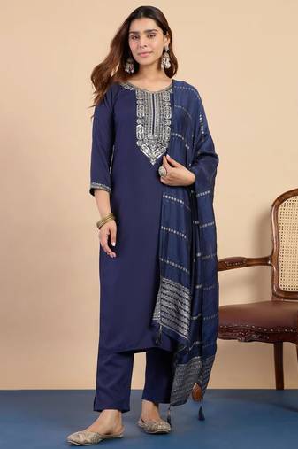 Dark-blue silk blend printed kurta set