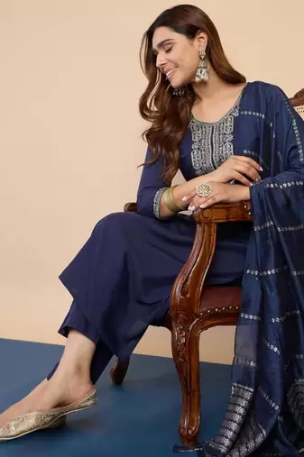 Dark-blue silk blend printed kurta set