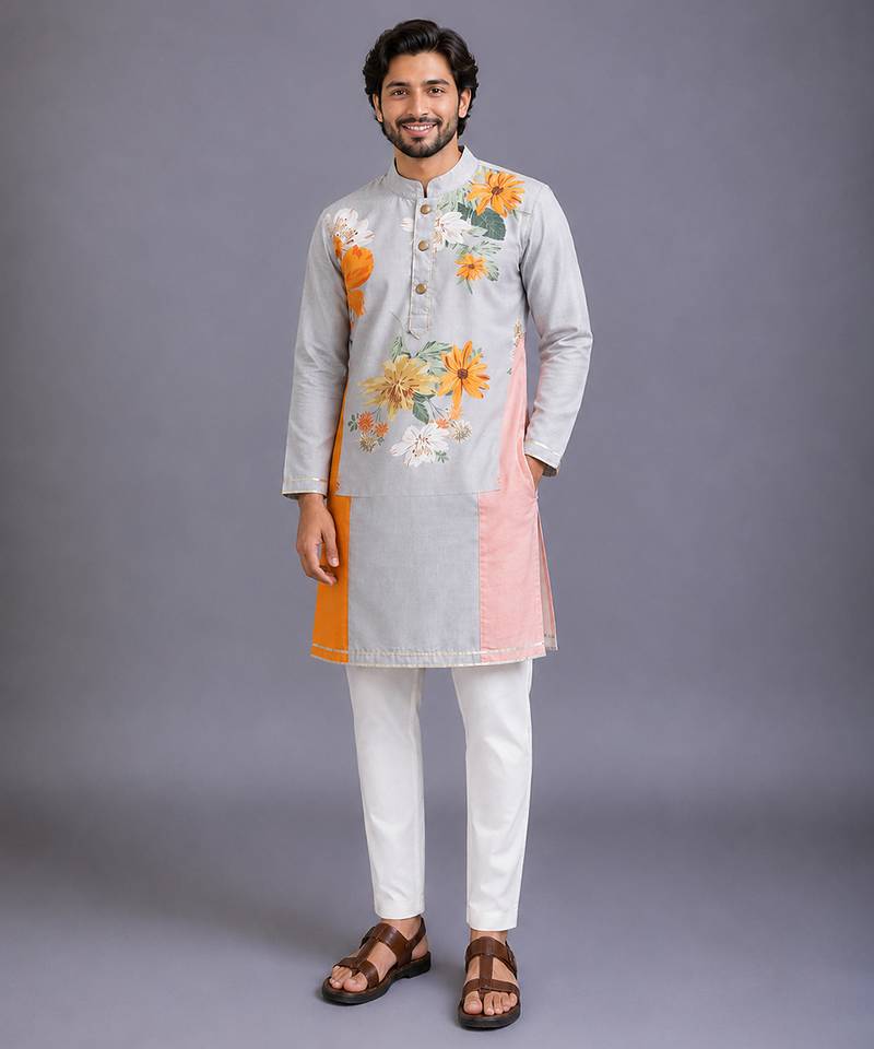 Multicolor printed cotton silk kurta set