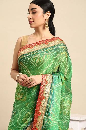green bandhani gotta patti pure chiffon saree