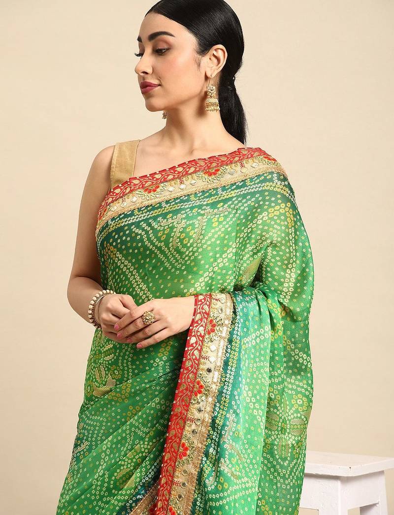green bandhani gotta patti pure chiffon saree