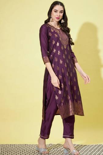 Purple silk blend printed kurta set