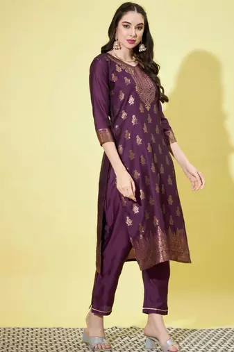 Purple silk blend printed kurta set