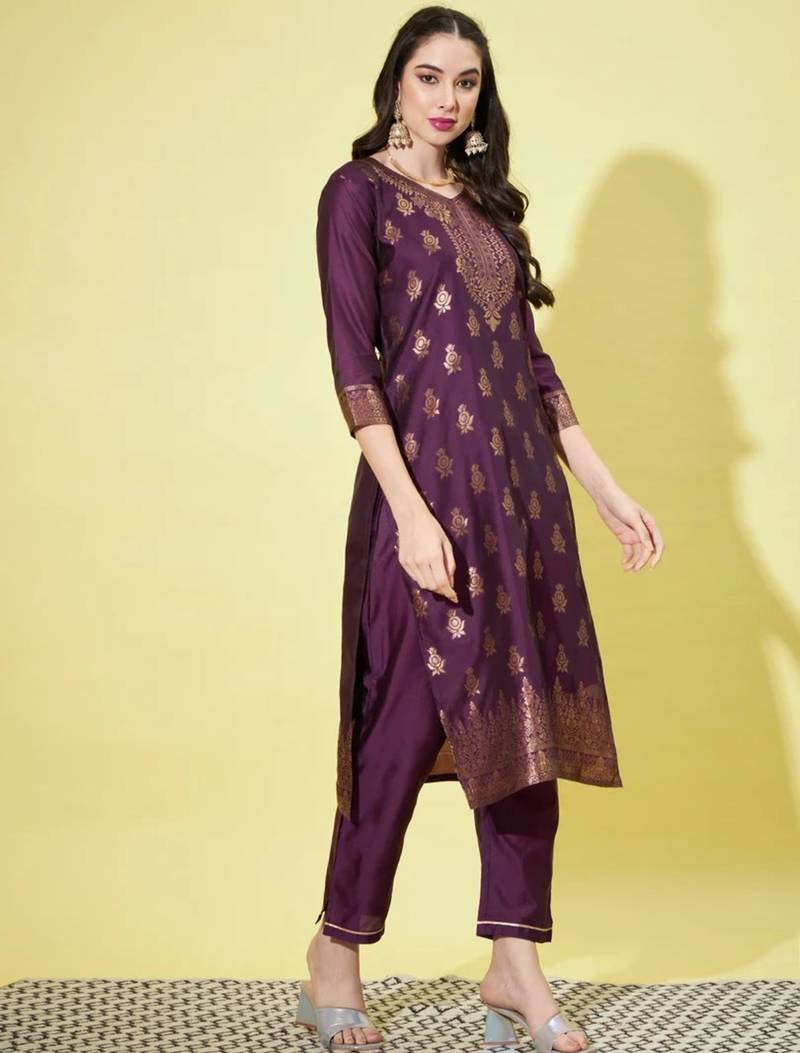 Purple silk blend printed kurta set
