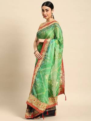 green bandhani gotta patti pure chiffon saree 2