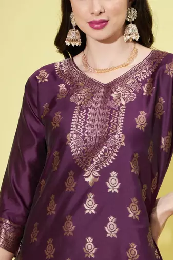 Purple silk blend printed kurta set