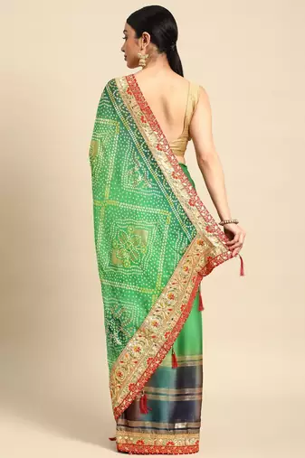 green bandhani gotta patti pure chiffon saree