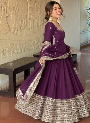 Wine embroidered anarkali kurta set with pant and dupatta for women 3