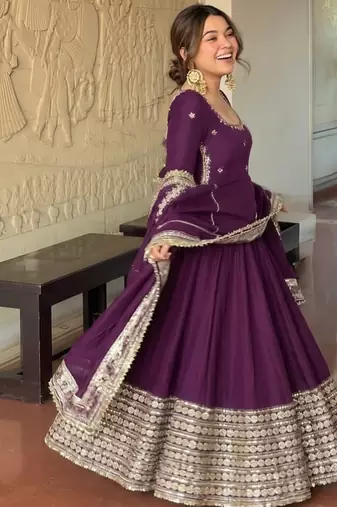 Wine embroidered anarkali kurta set with pant and dupatta for women
