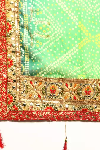 green bandhani gotta patti pure chiffon saree
