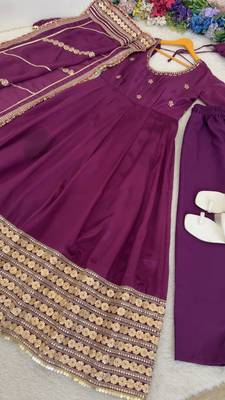 Wine embroidered anarkali kurta set with pant and dupatta for women 4