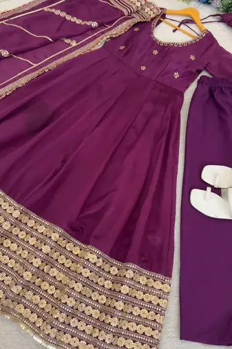 Wine embroidered anarkali kurta set with pant and dupatta for women