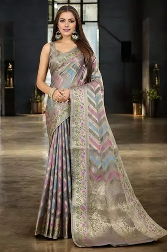 grey leheriya woven design zari banarasi saree with unstitched blouse piece
