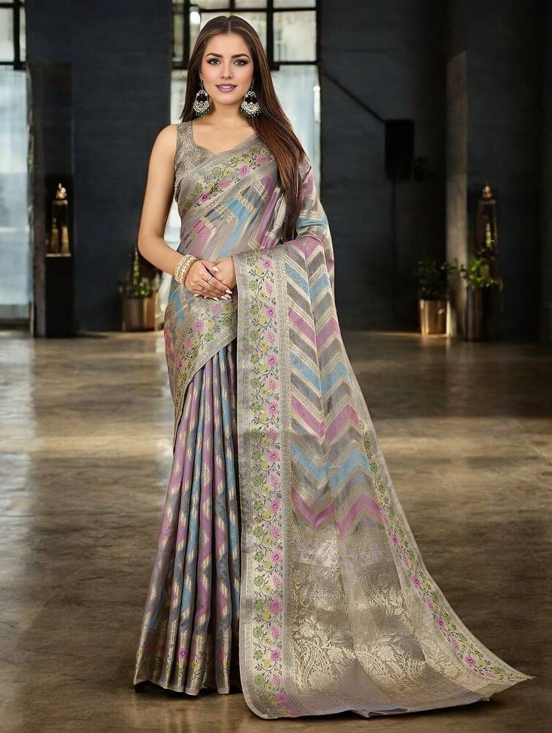 grey leheriya woven design zari banarasi saree with unstitched blouse piece