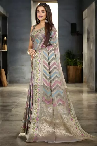 grey leheriya woven design zari banarasi saree with unstitched blouse piece