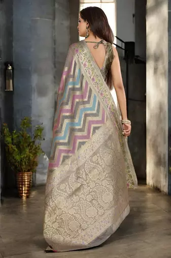 grey leheriya woven design zari banarasi saree with unstitched blouse piece