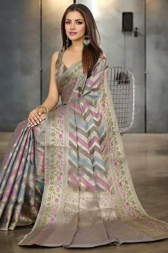 grey leheriya woven design zari banarasi saree with unstitched blouse piece