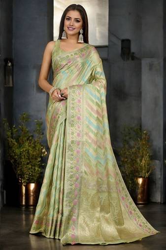 green striped woven design zari organza banarasi saree