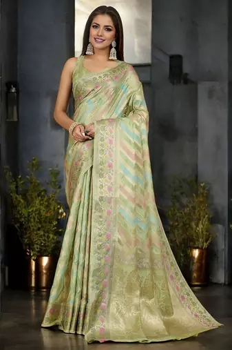 green striped woven design zari organza banarasi saree
