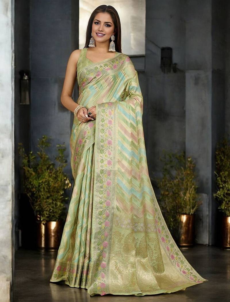 green striped woven design zari organza banarasi saree