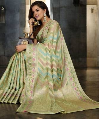 green striped woven design zari organza banarasi saree 4