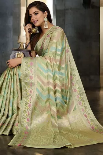 green striped woven design zari organza banarasi saree