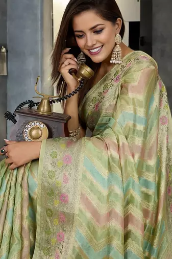 green striped woven design zari organza banarasi saree