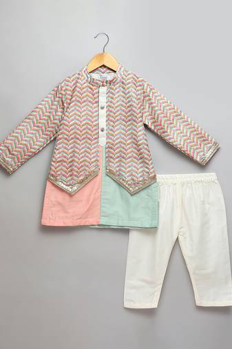 Pink mint green cotton silk Men Kurta Set