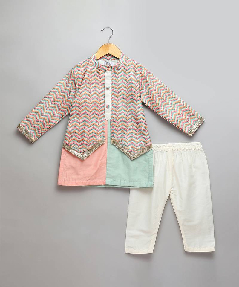 Pink mint green cotton silk Men Kurta Set