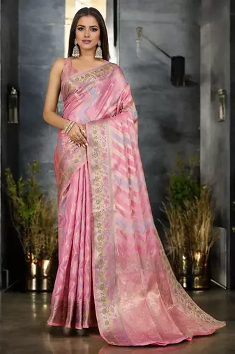pink leheriya woven design zari handloom banarasi saree