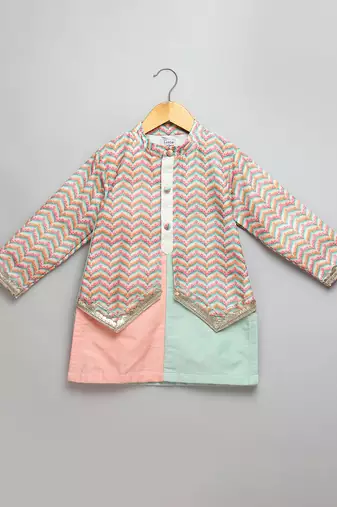 Pink mint green cotton silk Men Kurta Set