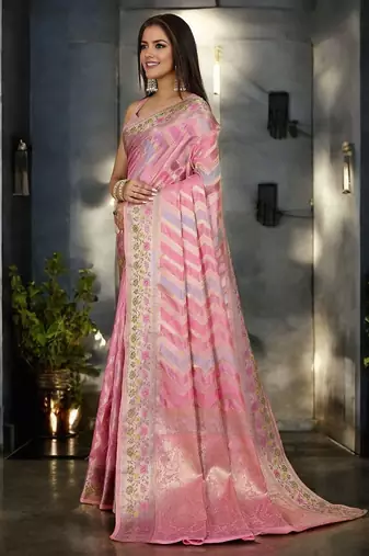 pink leheriya woven design zari handloom banarasi saree