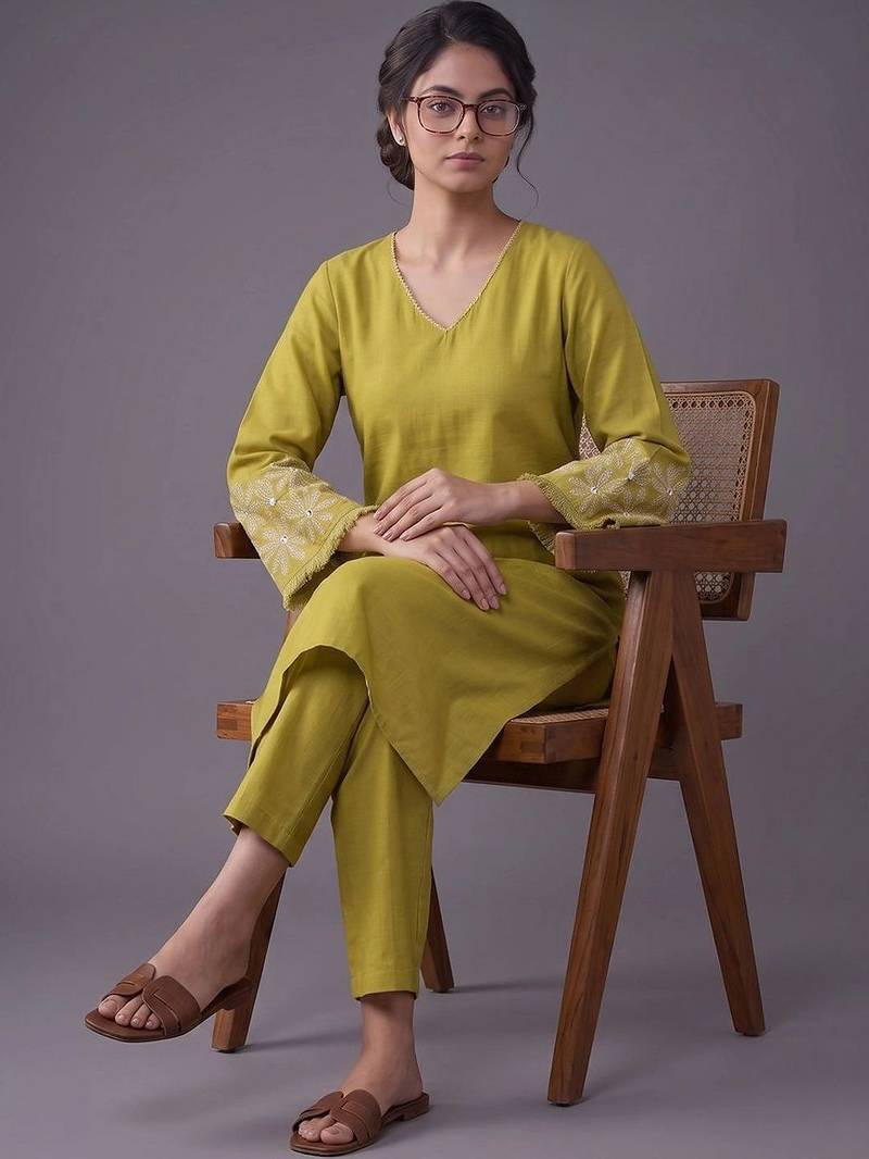 women ethnic motifs embroidered regular thread work kurta with trousers