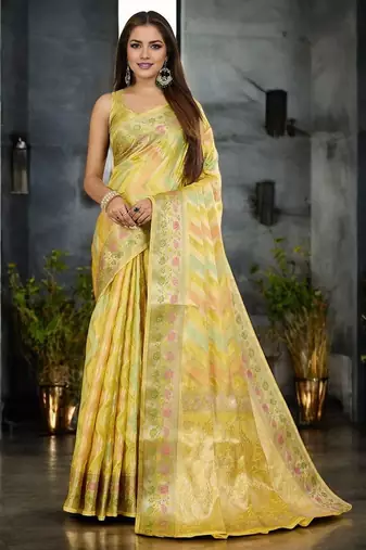 yellow leheriya zari organza handloom banarasi saree