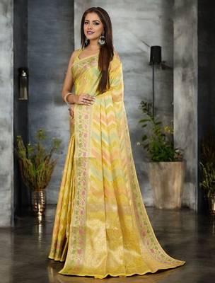 yellow leheriya zari organza handloom banarasi saree 2