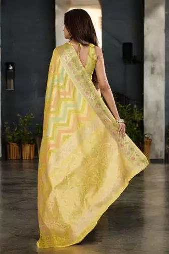 yellow leheriya zari organza handloom banarasi saree