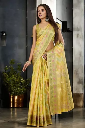 yellow leheriya zari organza handloom banarasi saree