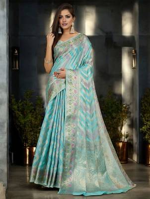 blue woven design zari organza handloom banarasi saree 1