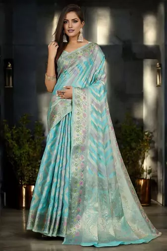 blue woven design zari organza handloom banarasi saree