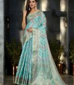 blue woven design zari organza handloom banarasi saree